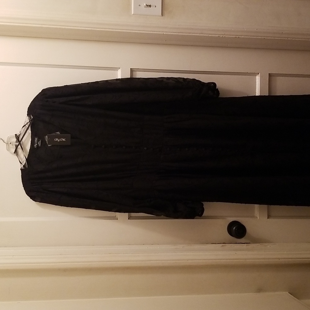 City Chic long black dress with sheer sleeves
